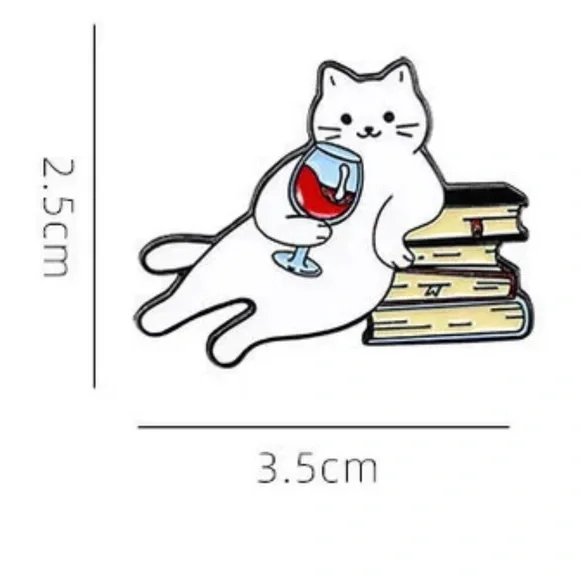 Cute Cat Wine Glass Enamel Pin Book Lover Cat Brooch Reading Cat Pin White Cat - Picture 2 of 2
